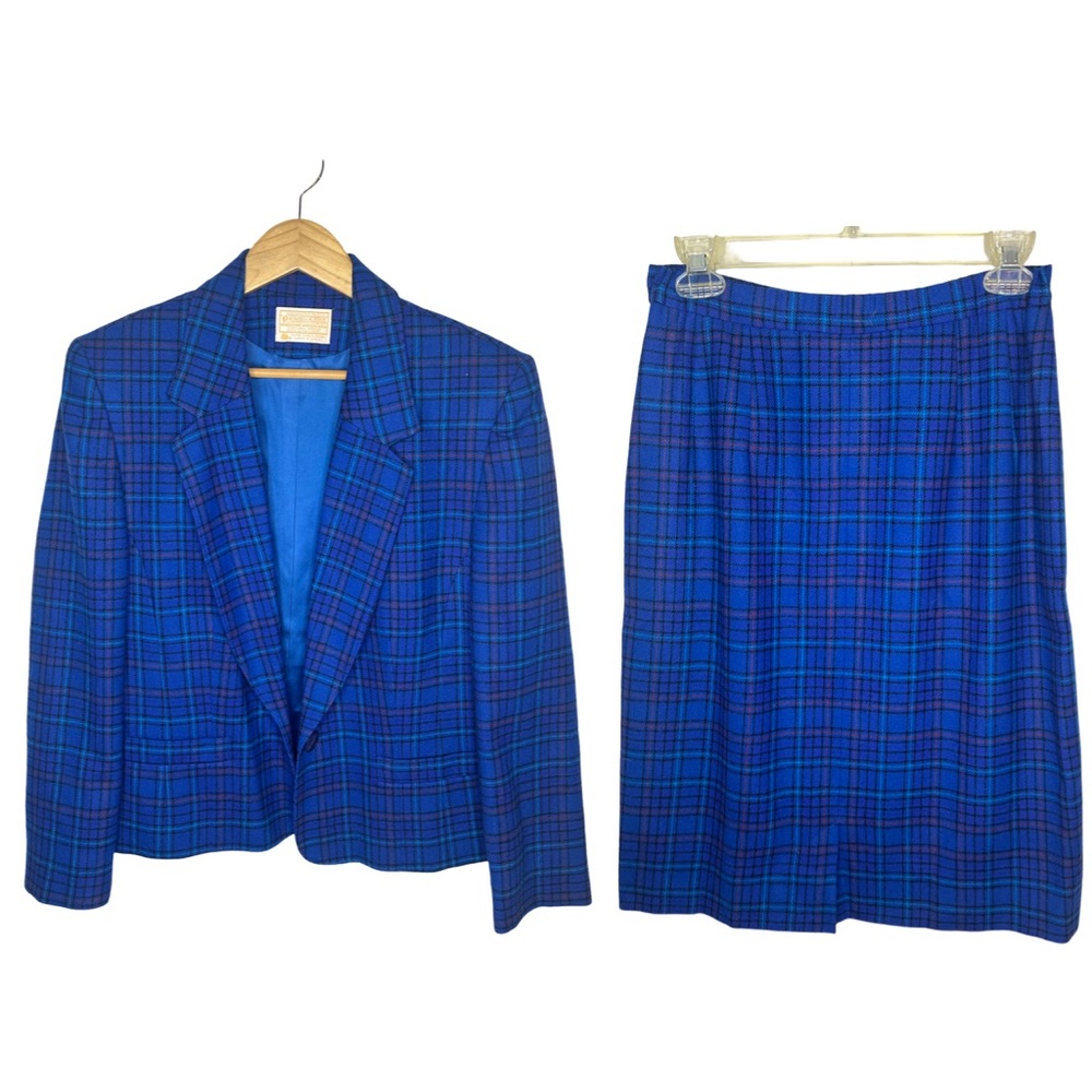 Vintage Pendleton 100% Virgin Wool Blue Plaid 2-Piece Skirt Set Size 10